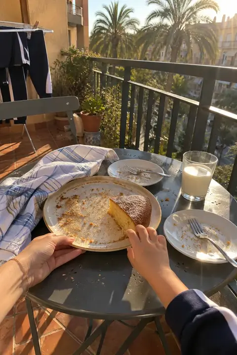Última porción de bizcocho de yogur casero en un plato, en la mesa de un balcón