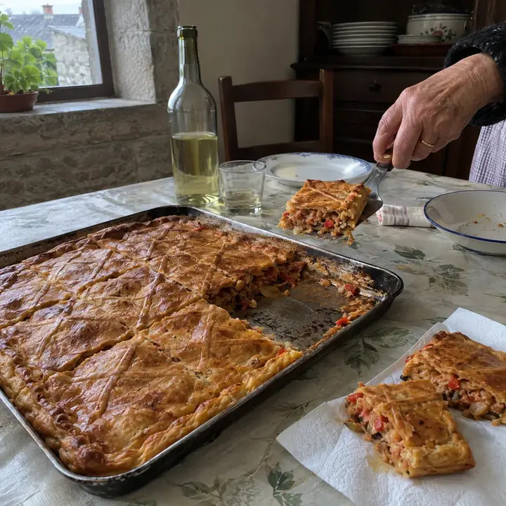 Empanada gallega de atún casera en la bandeja del horno, cortada en cuadrados