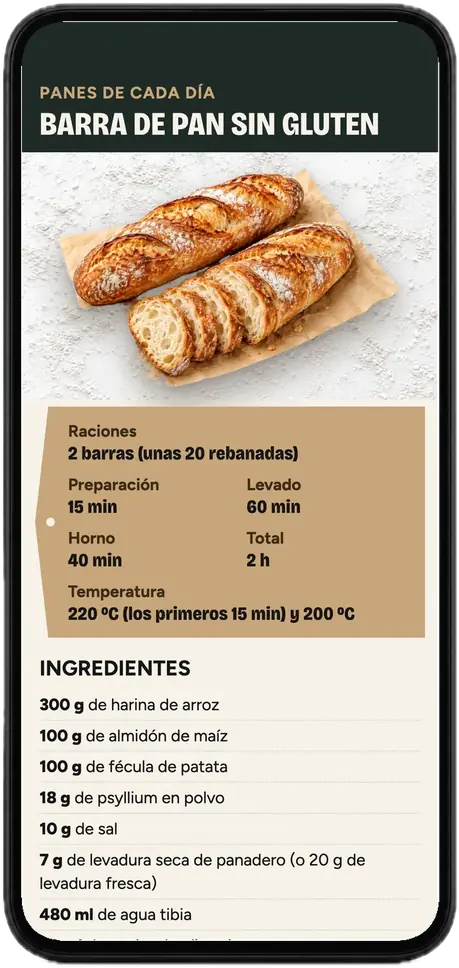 Página de la receta de barra de pan sin gluten, abierta en un móvil