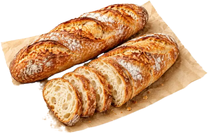 Dos barras de pan sin gluten sobre papel de horno, una cortada