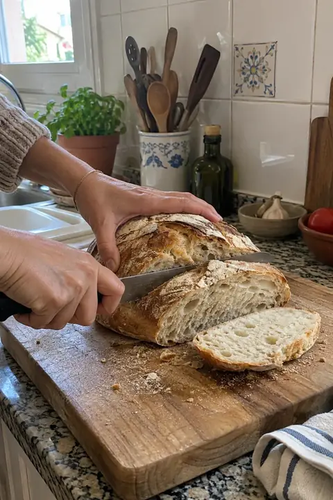 Manos cortando una barra de pan casera sobre una tabla de madera en una cocina