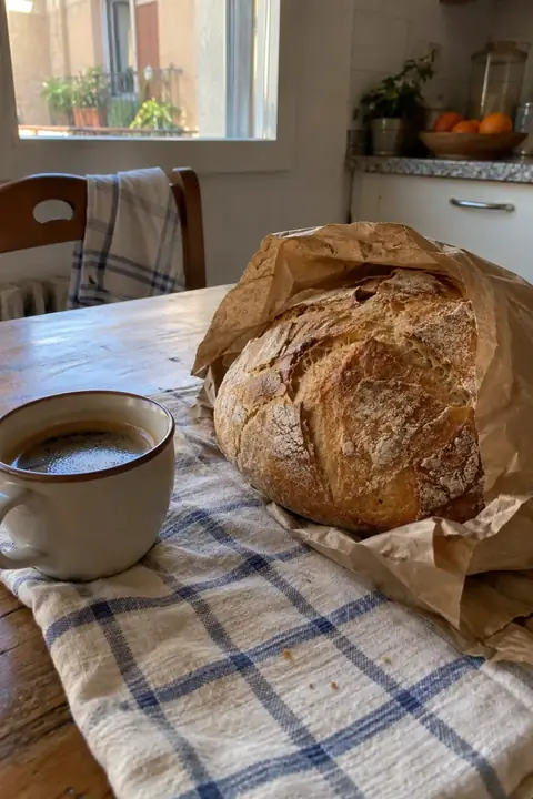 Pan casero medio envuelto en papel de estraza sobre la mesa de una cocina, junto a un café